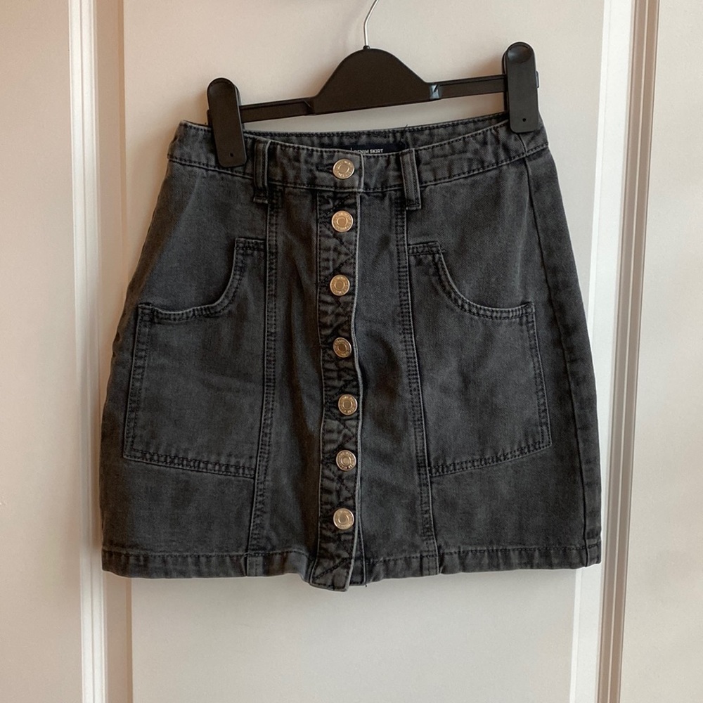 Black denim button up skirt from Stradivarius US 2